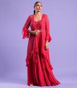 Fuchisa Pink Cape St Set Sequence Zari Work