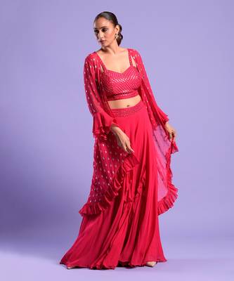 Fuchisa Pink Cape St Set Sequence Zari Work 2