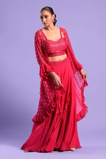 Fuchisa Pink Cape St Set Sequence Zari Work