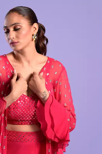 Fuchisa Pink Cape St Set Sequence Zari Work