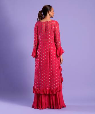 Fuchisa Pink Cape St Set Sequence Zari Work 4