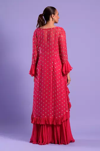 Fuchisa Pink Cape St Set Sequence Zari Work