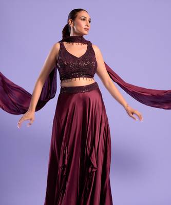 Wine Crop Top -Plazzo Set Sequence Zari Work 2