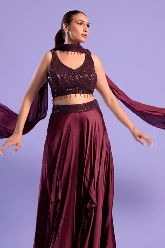 Wine Crop Top -Plazzo Set Sequence Zari Work