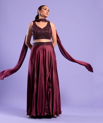 Wine Crop Top -Plazzo Set Sequence Zari Work 1
