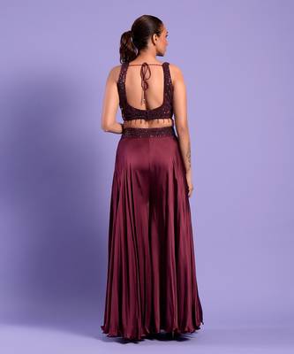 Wine Crop Top -Plazzo Set Sequence Zari Work 4