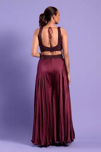 Wine Crop Top -Plazzo Set Sequence Zari Work
