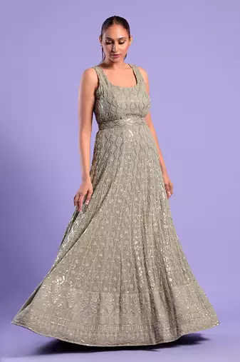 Grey Gown With Sequence And Resham Work