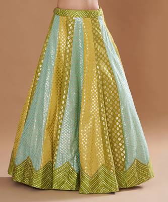 Mirrorwork Fully Embroidered Choli With A Turquoise,Yellow And Lime Green Mehendi Lehenga. 3