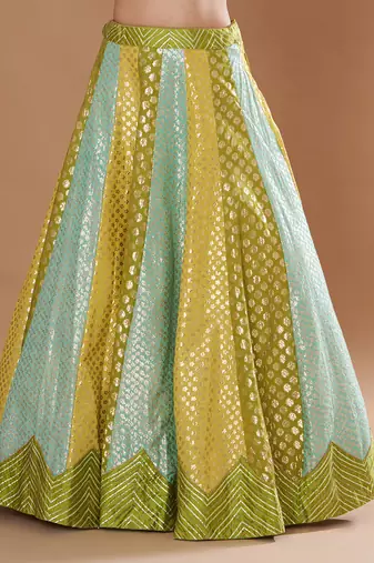 Mirrorwork Fully Embroidered Choli With A Turquoise,Yellow And Lime Green Mehendi Lehenga.