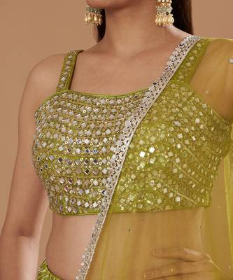 Mirrorwork Fully Embroidered Choli With A Turquoise,Yellow And Lime Green Mehendi Lehenga. 4