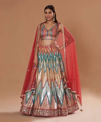 Multi Colour Sequin,Mirrorwork And Resham Embroidered Lehenga 1