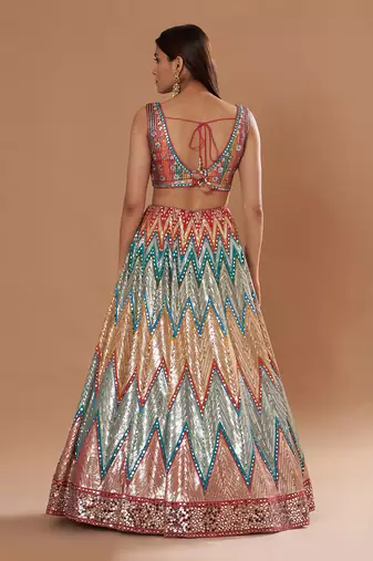 Multi Colour Sequin,Mirrorwork And Resham Embroidered Lehenga