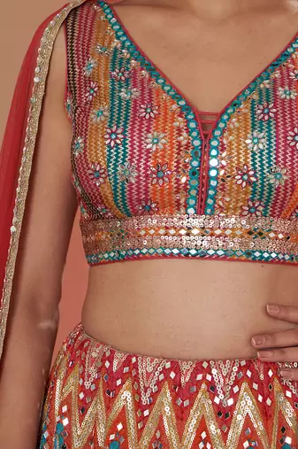 Multi Colour Sequin,Mirrorwork And Resham Embroidered Lehenga