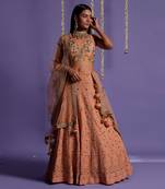 Dusky Peach Heavy Embroidered Lehenga With Light V Neck Crop Top