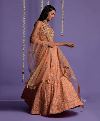 Dusky Peach Heavy Embroidered Lehenga With Light V Neck Crop Top 2