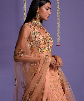 Dusky Peach Heavy Embroidered Lehenga With Light V Neck Crop Top 3