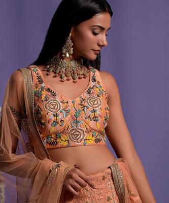 Dusky Peach Heavy Embroidered Lehenga With Light V Neck Crop Top 4