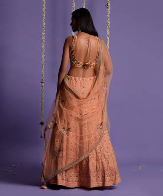 Dusky Peach Heavy Embroidered Lehenga With Light V Neck Crop Top 5