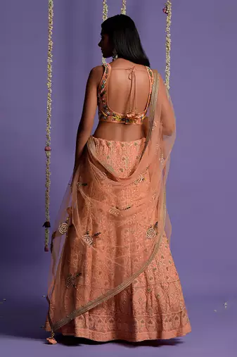 Dusky Peach Heavy Embroidered Lehenga With Light V Neck Crop Top