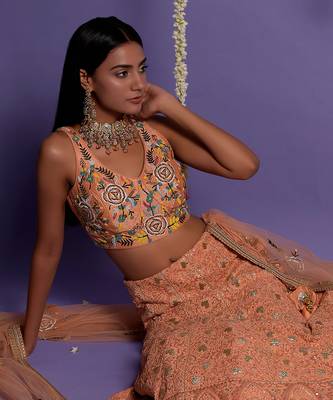 Dusky Peach Heavy Embroidered Lehenga With Light V Neck Crop Top 6