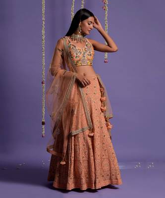 Dusky Peach Heavy Embroidered Lehenga With Light V Neck Crop Top 7
