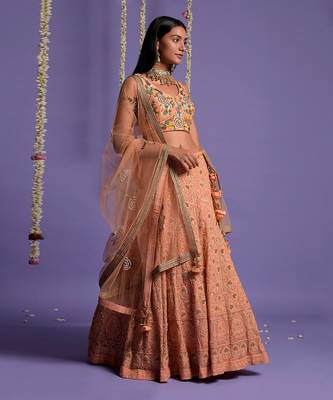 Dusky Peach Heavy Embroidered Lehenga With Light V Neck Crop Top 8