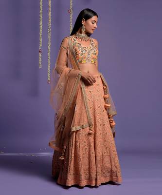 Dusky Peach Heavy Embroidered Lehenga With Light V Neck Crop Top 9