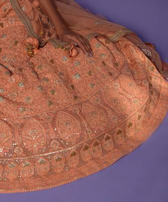 Dusky Peach Heavy Embroidered Lehenga With Light V Neck Crop Top 10