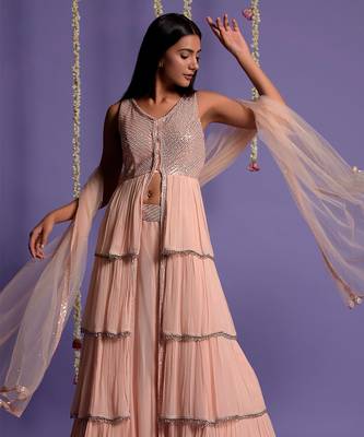 Blush Pink Sequin Embroidered Multi Layered Lehenga 2