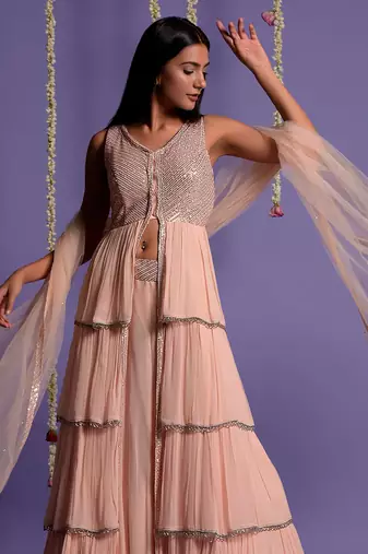 Blush Pink Sequin Embroidered Multi Layered Lehenga