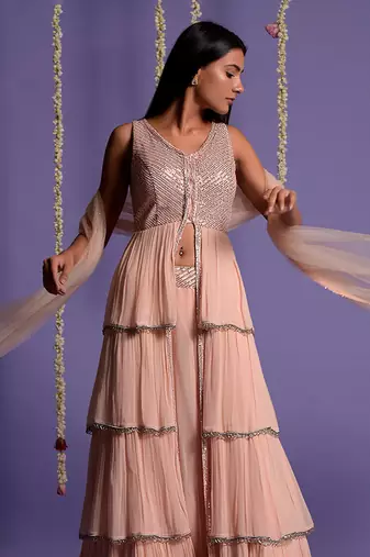 Blush Pink Sequin Embroidered Multi Layered Lehenga