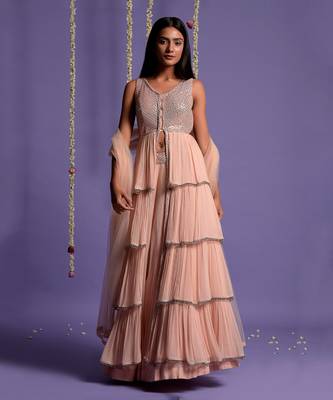 Blush Pink Sequin Embroidered Multi Layered Lehenga 1