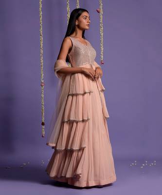 Blush Pink Sequin Embroidered Multi Layered Lehenga 4
