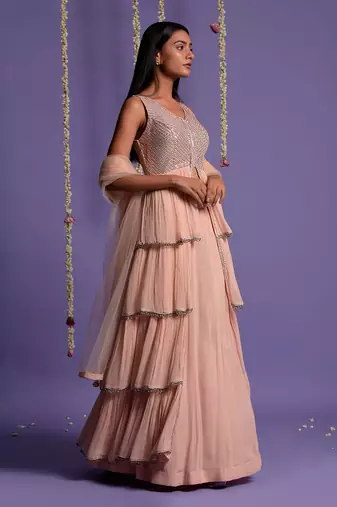 Blush Pink Sequin Embroidered Multi Layered Lehenga