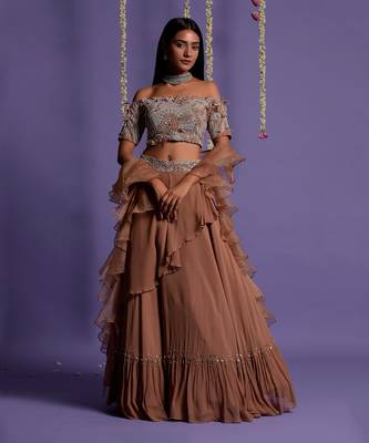 Brown Georgette Embroidered Lehenga Set for Women 1