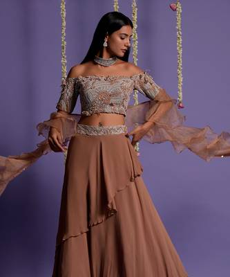 Brown Georgette Embroidered Lehenga Set for Women 2