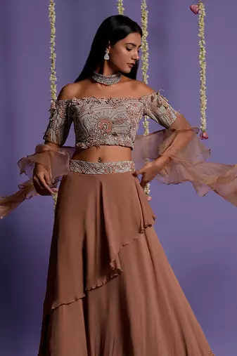 Brown Georgette Embroidered Lehenga Set for Women