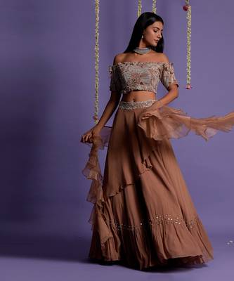 Brown Georgette Embroidered Lehenga Set for Women 3