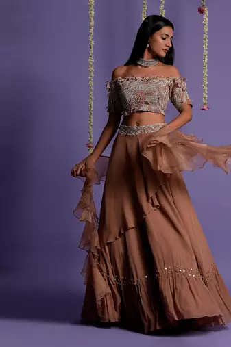 Brown Georgette Embroidered Lehenga Set for Women