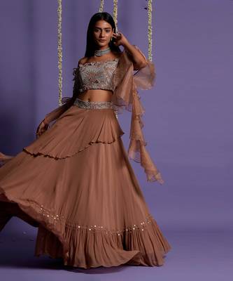 Brown Georgette Embroidered Lehenga Set for Women 4