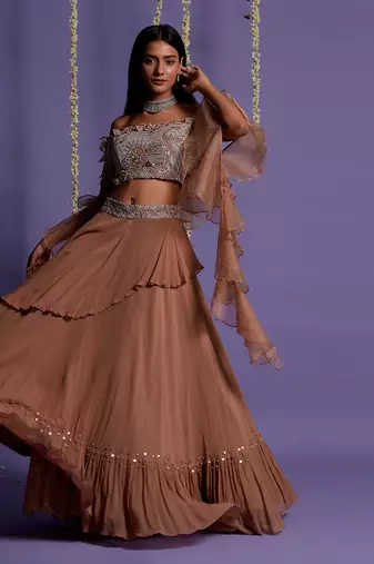 Brown Georgette Embroidered Lehenga Set for Women