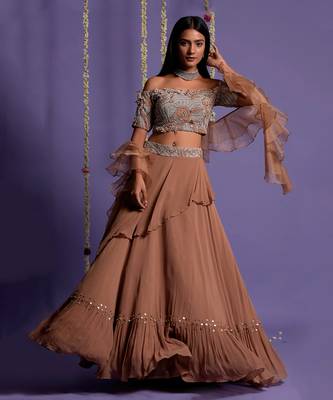 Brown Georgette Embroidered Lehenga Set for Women 5