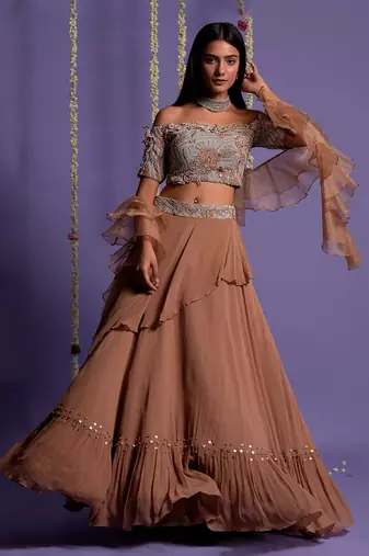 Brown Georgette Embroidered Lehenga Set for Women
