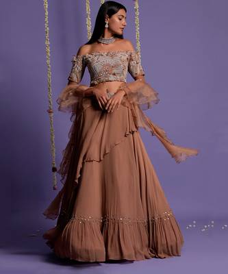 Brown Georgette Embroidered Lehenga Set for Women 6