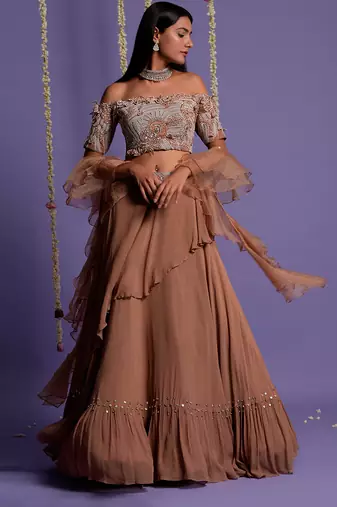 Brown Georgette Embroidered Lehenga Set for Women