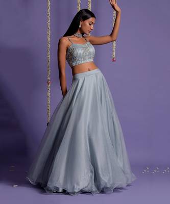 Ice Blue Lehenga With Embroidered Crop Top And Jacket 2