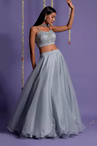 Ice Blue Lehenga With Embroidered Crop Top And Jacket