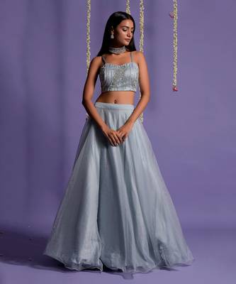 Ice Blue Lehenga With Embroidered Crop Top And Jacket 3