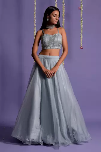 Ice Blue Lehenga With Embroidered Crop Top And Jacket